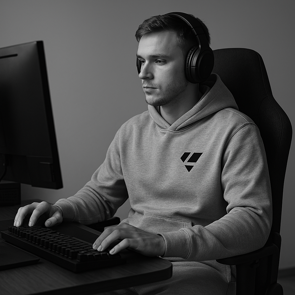 Man wearing Lagged Out hoodie while playing on PC