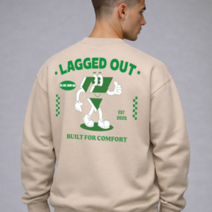lagged out streetwear sweatshirt laggy built for comfort beige desert green mascot