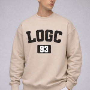 lagged out streetwear sweatshirt lo initial varsity logc gaming club 93 desert beige comfort gaming white black
