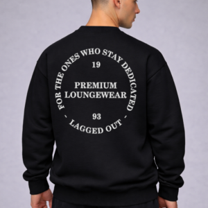 lagged out streetwear sweatshirt stay dedicated text circle gaming obsidian black white