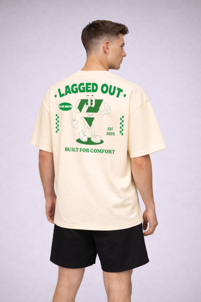 lagged out street tee laggy built for comfort beige desert green mascot